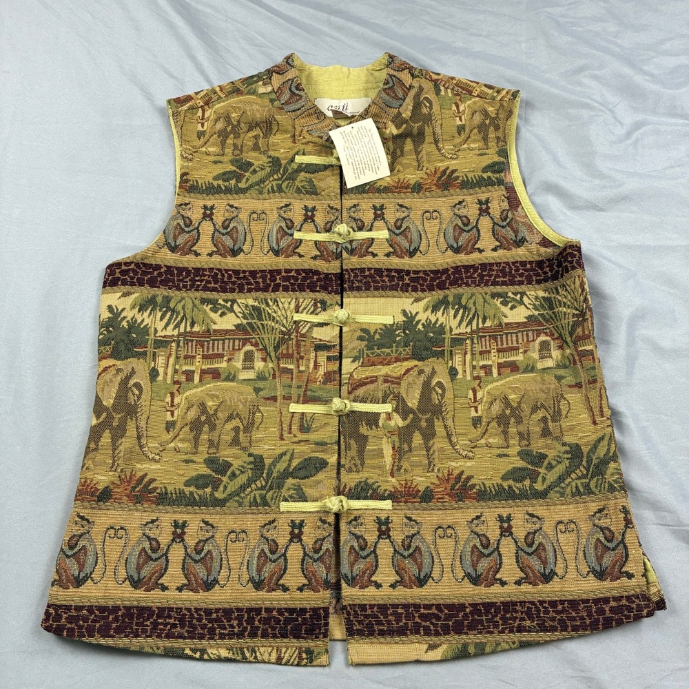 Anu by Natural AOP Tapestry Vest Medium Yellow Jungle Elephant Monkey Toggle VTG
